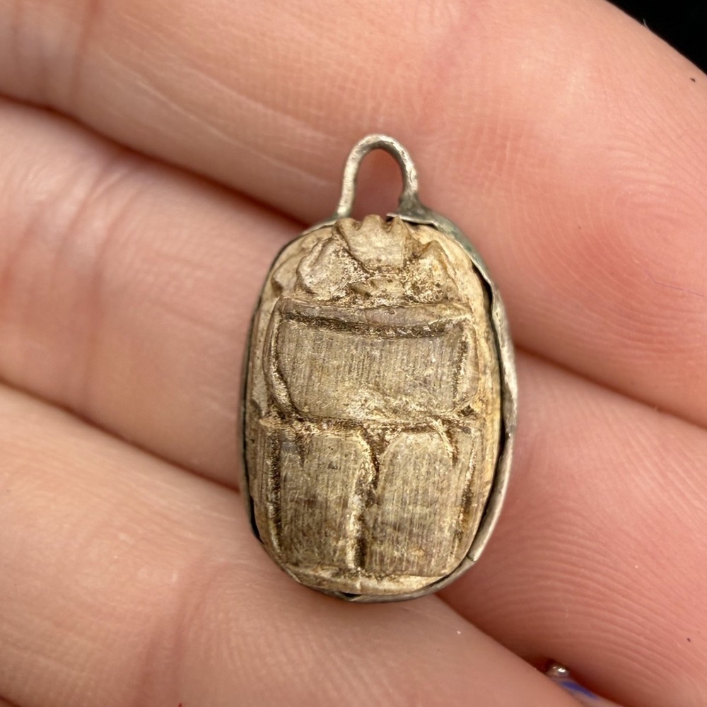 Vintage Carved Scarab Beetle Pendant Charm Silver Tone Egyptian Revival - Picture 3 of 7